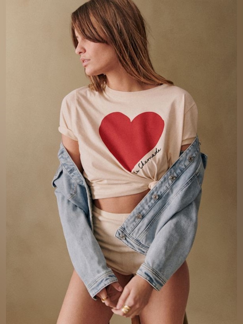 Sezane La Chamade t-shirt Cream Tee Red Heart Graphic Casual Top M